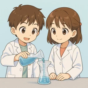 協力して薬品を計量する小学低学年のイラスト