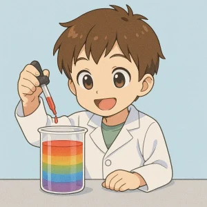 スポイトで色水を混ぜる園児のイラスト