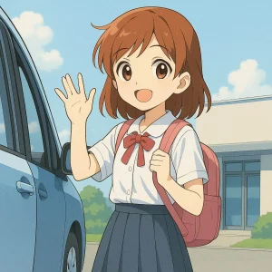 教室前で車から降りる子どものイラスト