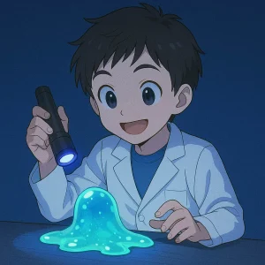 ブラックライトでスライムが光る様子を楽しむ子どものイラスト