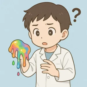 スライムの感触に驚く白衣を着た男の子のイラスト