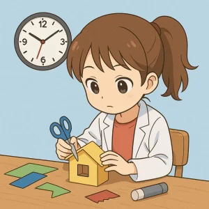 はさみを使って工作に集中する白衣を着た女の子のイラスト