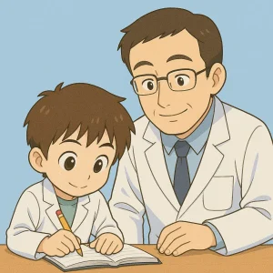 白衣を着た園児のそばで見守る先生のイラスト