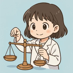 はかりで重さを比べる白衣を着た女の子のイラスト