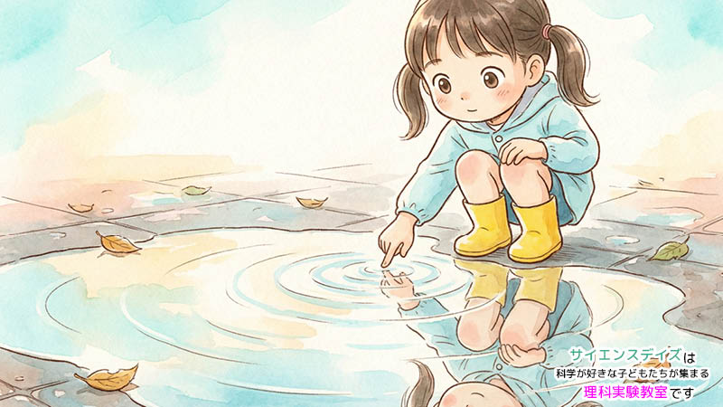水たまりの波紋を観察する女の子のイラスト - 身近な現象に興味を持つ子の特徴｜サイエンスデイズ