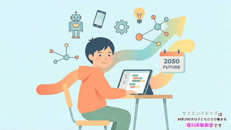 タブレットを操作しながらデジタル社会のアイコンに囲まれた小学生のイラスト - プログラミング教育が注目される背景｜サイエンスデイズ