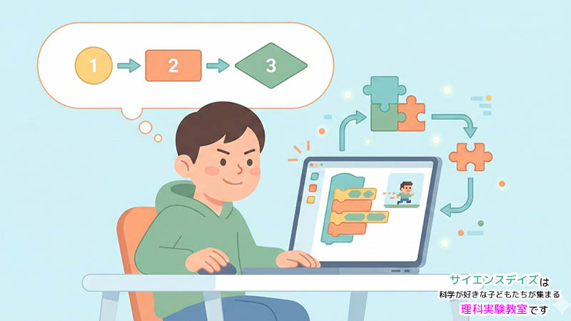 パソコンでプログラミングブロックを組み立てながら論理的に考える小学生のイラスト - プログラミング教室で育つ力｜サイエンスデイズ