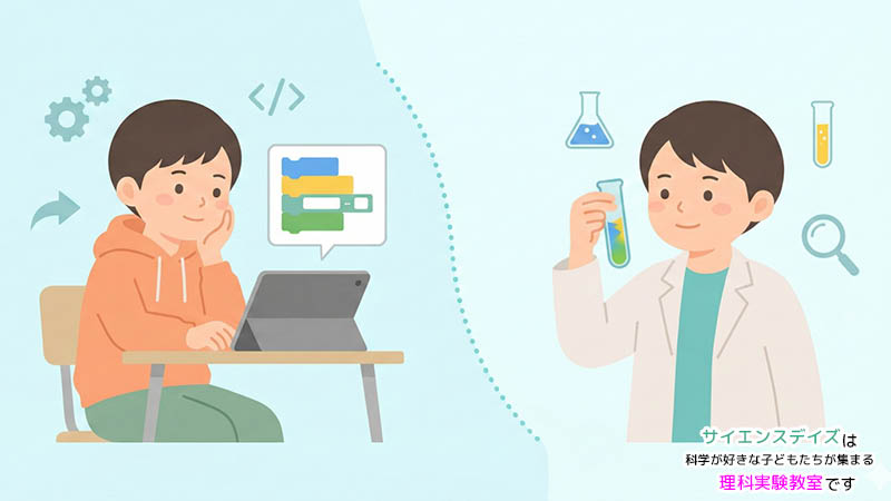 パソコンでプログラミングを学ぶ小学生と試験管で実験する小学生を並べたイラスト - プログラミング教室と理科実験教室の違いを比較｜サイエンスデイズ