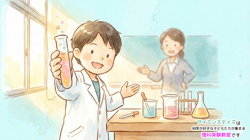 白衣を着て試験管を持ち笑顔で迎える小学生のイラスト - サイエンスデイズの体験授業へようこそ｜サイエンスデイズ
