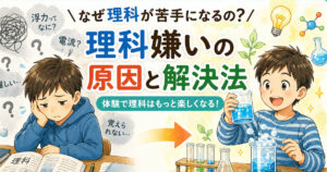 理科嫌いの原因と解決法｜浜松市の理科実験教室サイエンスデイズ。教科書を前に困る小学生と実験を楽しむ子どもの対比イラスト