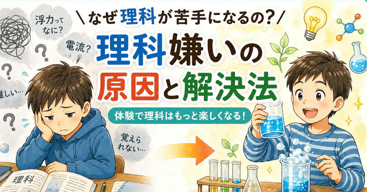 理科嫌いの原因と解決法｜浜松市の理科実験教室サイエンスデイズ。教科書を前に困る小学生と実験を楽しむ子どもの対比イラスト