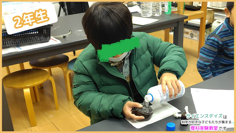 アルコールランプに燃料を慎重に入れる小学生 - 浜松市の理科実験教室