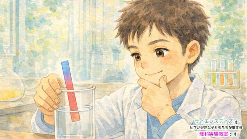リトマス試験紙を使った実験で考え込む男の子のイラスト - サイエンスデイズ