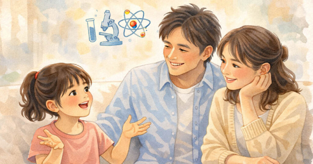 将来科学者になりたいと話す子どもの夢を嬉しそうに聞く保護者 - サイエンスデイズ