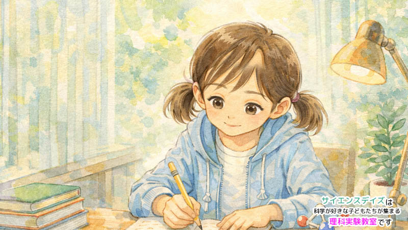 デスクランプの下で集中して勉強に取り組む女の子のイラスト - サイエンスデイズ