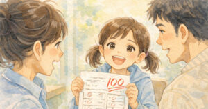 100点のテストを嬉しそうに保護者に見せる女の子のイラスト - サイエンスデイズ
