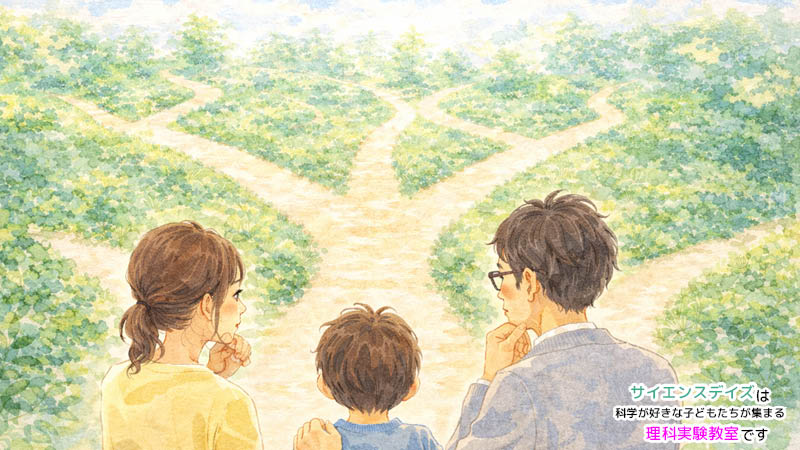 習い事の選択肢に悩む子どもと保護者のイラスト - サイエンスデイズ