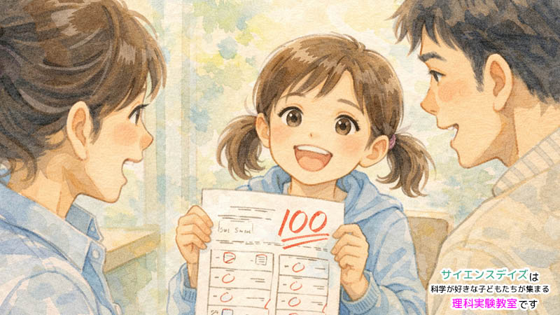 100点のテストを嬉しそうに保護者に見せる女の子のイラスト - サイエンスデイズ
