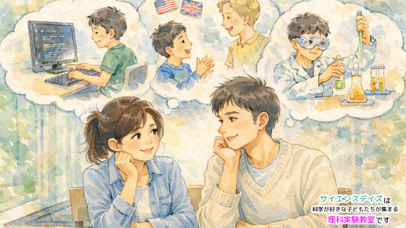 プログラミング・英語・理科実験など習い事を考える保護者のイラスト - サイエンスデイズ