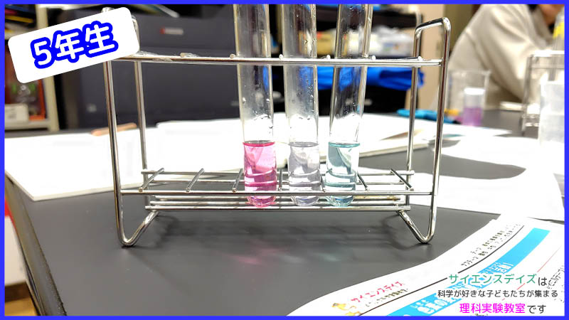 紫キャベツの色素で色が変わった3本の試験管 - 酸性・中性・アルカリ性の識別実験サイエンスデイズ