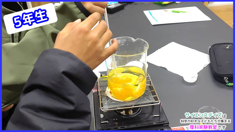 アルカリ性の液体の中でみかんを温度管理するビーカーのアップ - サイエンスデイズの理科実験教室