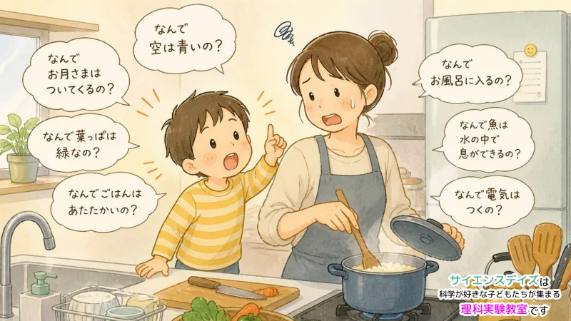キッチンで「なんで？」と次々に質問する幼児のイラスト - 日常の疑問が科学の入り口になるサイエンスデイズの理科実験教室