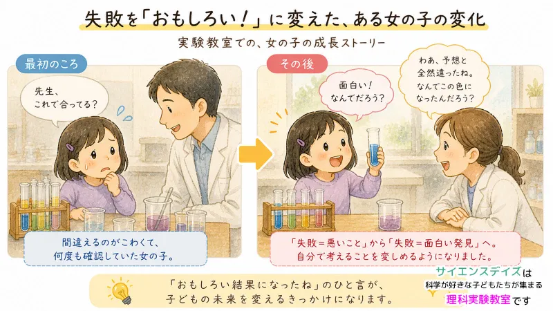 最初は正解を確認してばかりだった女の子が「面白い、なんでだろう？」と自分で考えるようになった成長ストーリーのイラスト - サイエンスデイズの理科実験教室での変化