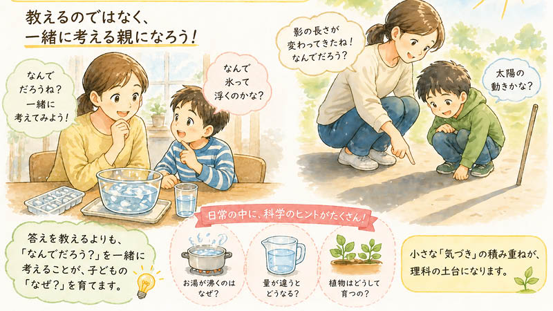 氷が浮く実験を一緒に観察する母子と、影の長さを観察する親子のイラスト。日常の中にある科学のヒントを家庭で活かす様子