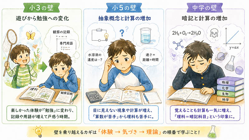 小3の壁・小5の壁・中学の壁を表す3コマのイラスト。学年が上がるにつれて理科への苦手意識が生まれる仕組みを段階的に解説する図解