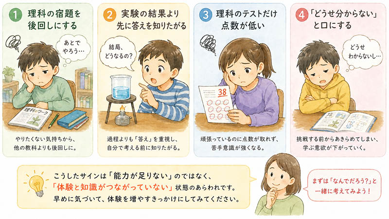 理科嫌いの予兆を示す4つの様子。宿題の後回し、答えを先に知りたがる、テストの点数が低い、どうせ分からないと口にする小学生のイラスト