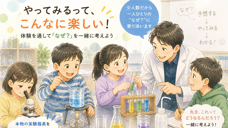 本物のビーカーや試験管を使って実験する子どもたちと、白衣の講師が一人ひとりの「なぜ？」に寄り添うサイエンスデイズの少人数制授業の様子