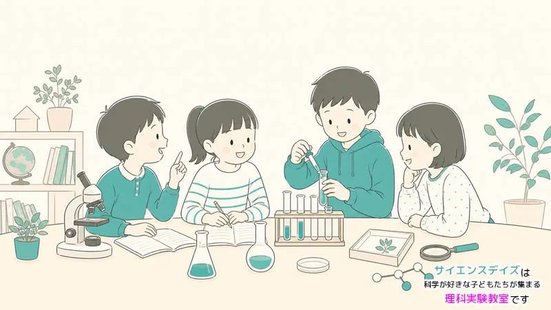 仲間と協力して実験に取り組む子どもたちのイラスト