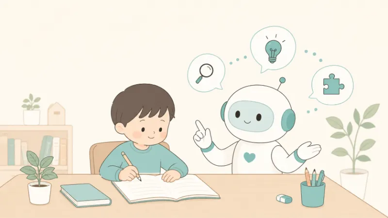 AIを学びの助けとして使いながら宿題に取り組む子どものイラスト