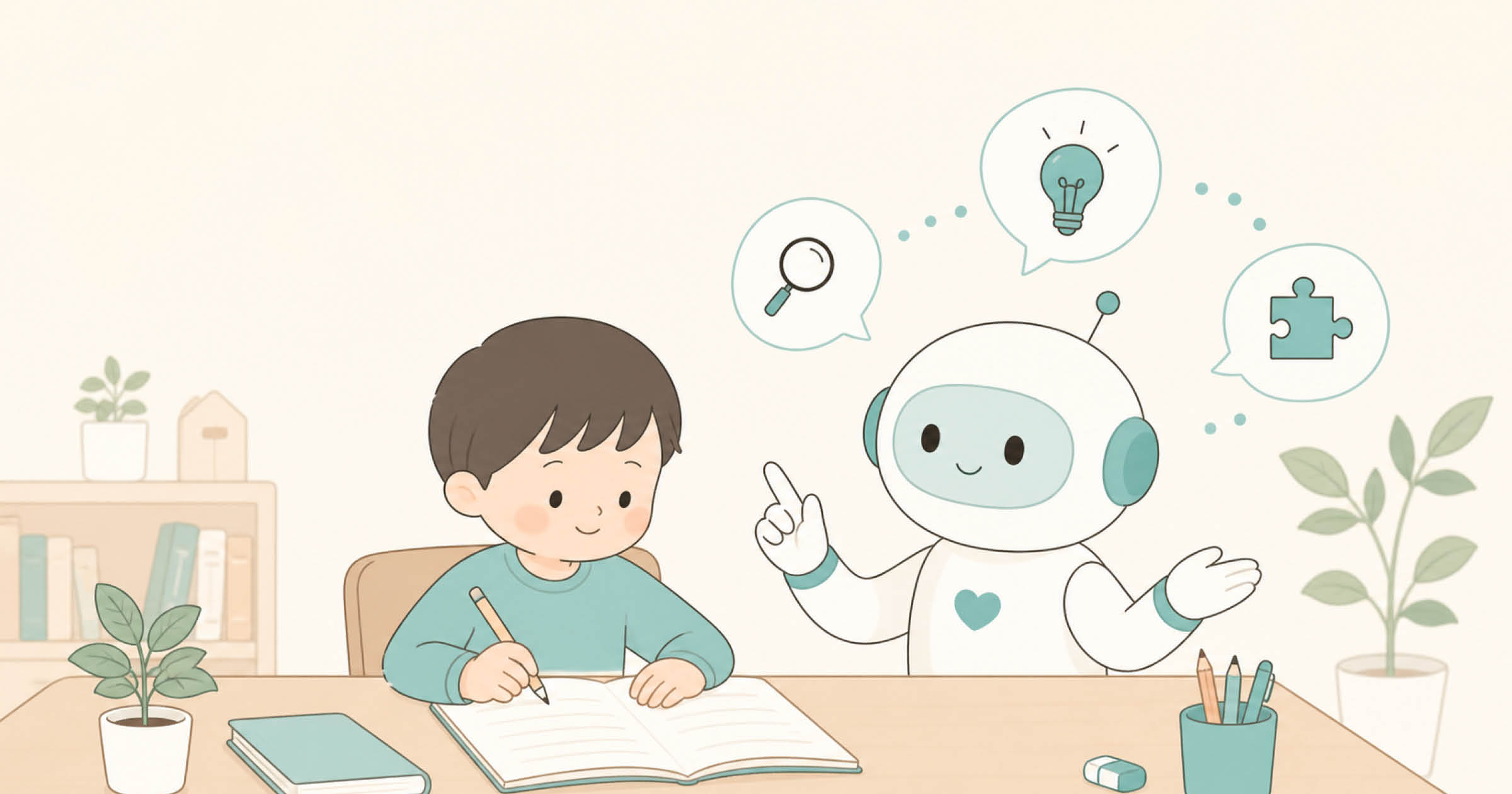AIを学びの助けとして使いながら宿題に取り組む子どものイラスト