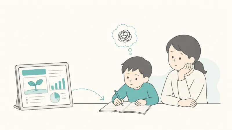 タブレットの答えを写しながら戸惑う子どもと心配そうな保護者のイラスト