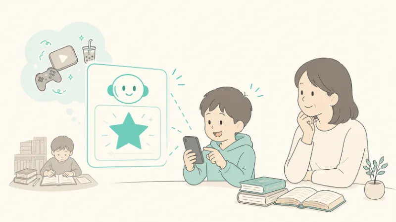 手軽に答えや楽しさが得られることに引かれる子どもと見守る保護者のイラスト
