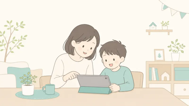 リビングで保護者と一緒にタブレットを使う子どものイラスト
