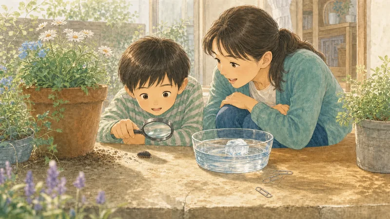 家庭の身近な自然や氷を親子で一緒に観察する様子