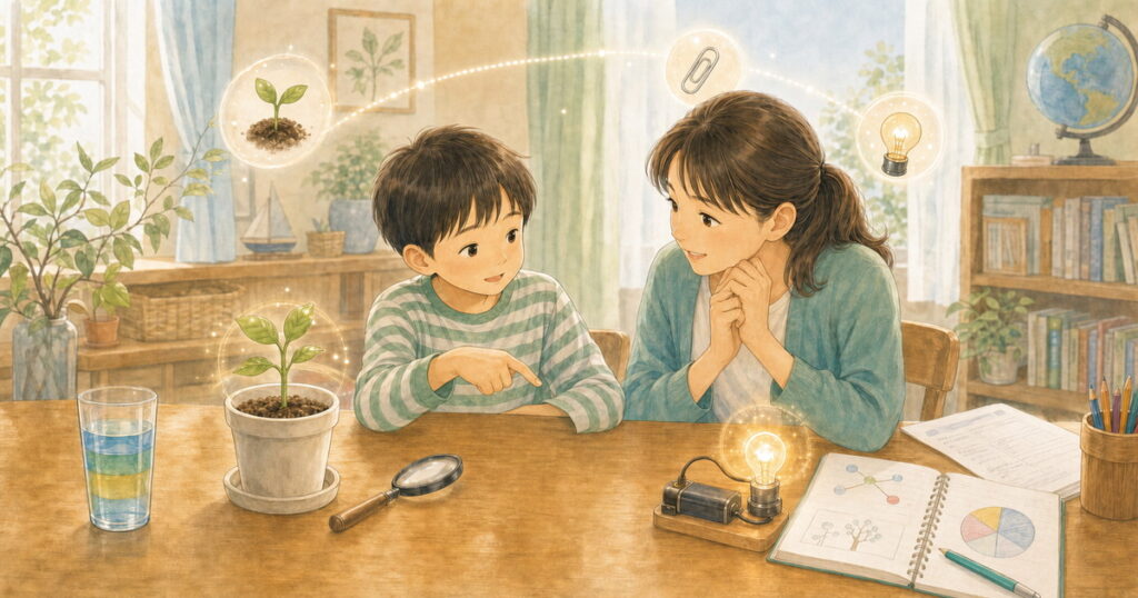 理科の実験の面白さについて語り合う小学3年生の男の子と母親