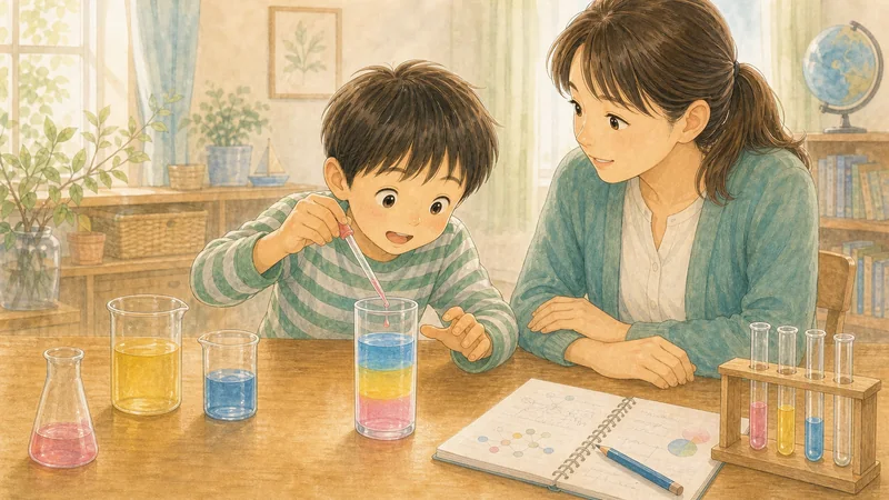 色のついた砂糖水が層になる実験に夢中になり、もう一度試そうとする小学生
