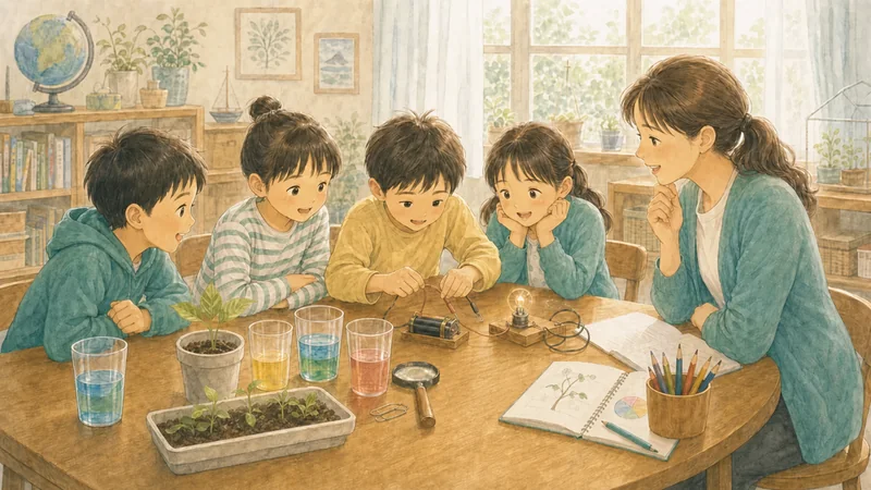 失敗を恐れず仲間と実験を試す子どもたちと見守る講師