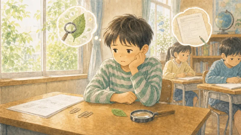 理科のテストを前に正解を意識し、好奇心との間で戸惑う小学3年生
