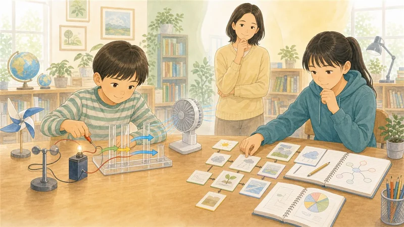 見えない科学の仕組みを模型で考える小学生と、苦手を小さく分けて整理する中学生