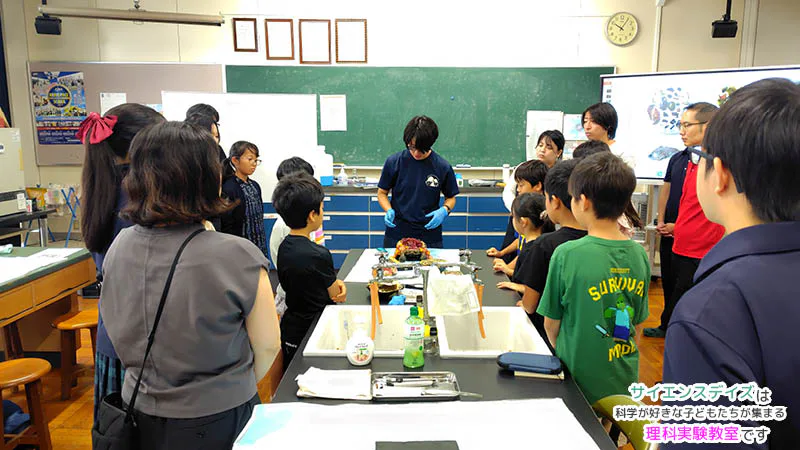 アカミミガメの体のつくりについて講師の説明を聞く小学生と保護者