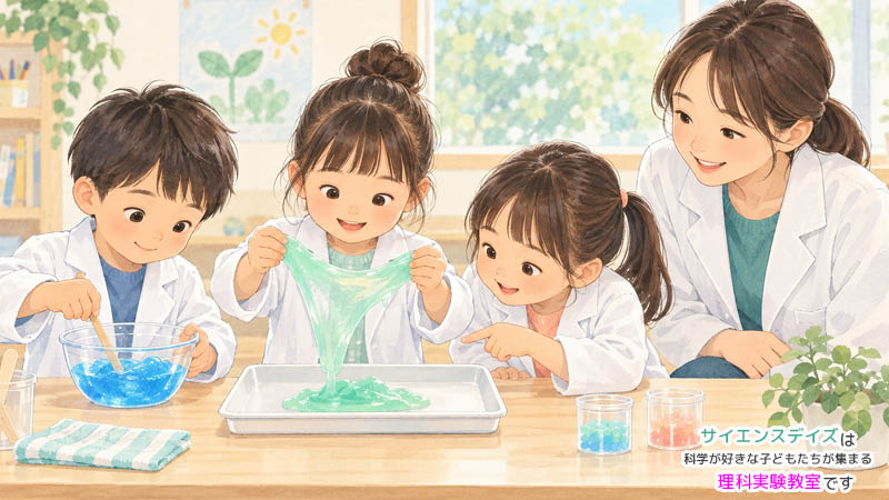 白衣を着た年長の子ども3人がスライムづくりに取り組み、先生がそばで見守るイラスト。サイエンスデイズは理科が好きな子どもたちが集まる理科実験教室です。