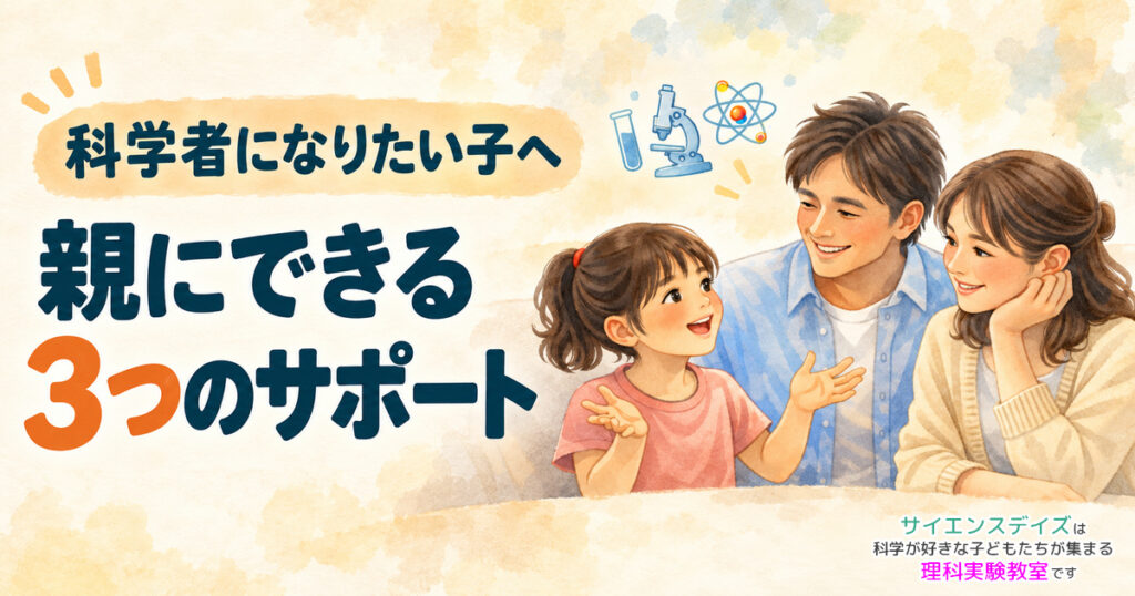 科学者になりたい子へ、親にできる3つのサポート。子どもの話を笑顔で聞く両親のイラスト。