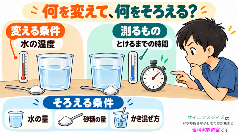 水温と砂糖の実験で、水の温度を変え、とけるまでの時間を測り、水と砂糖の量やかき混ぜ方をそろえることを示した図