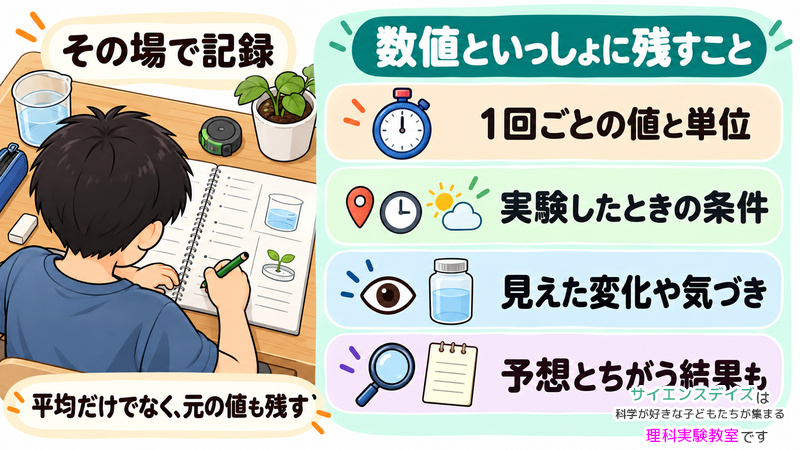 実験で一回ごとの値と単位、実験したときの条件、見えた変化や気づき、予想と違う結果を記録することを示した図