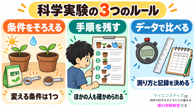 科学実験の三つの基本として、比べたい条件だけを変える、ほかの人が確かめられるよう手順を残す、測ったデータで比べることを示した図