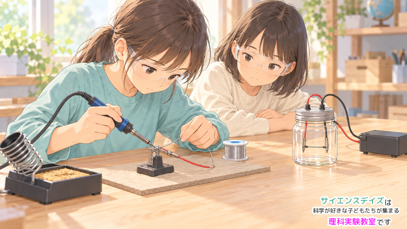 保護メガネを着けてはんだ付けを練習する女の子と、シャープペンシルの芯を使う電球の装置のイラスト